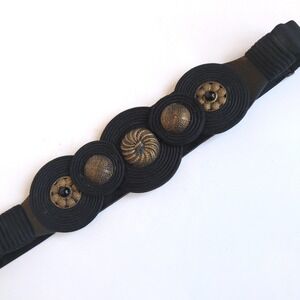 Vtg Carolyn Tanner Designs Belt Black Gold Medallion Statement 33in
